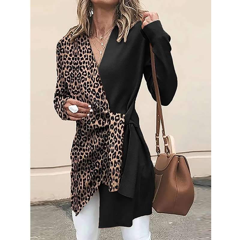 Leopard print V neck Gored Long sleeve Lacing Coats