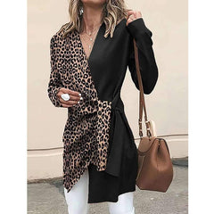 Leopard print V neck Gored Long sleeve Lacing Coats