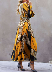 Stylish Print V neck Long sleeve Lacing Skater Maxi Dresses