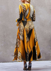 Stylish Print V neck Long sleeve Lacing Skater Maxi Dresses
