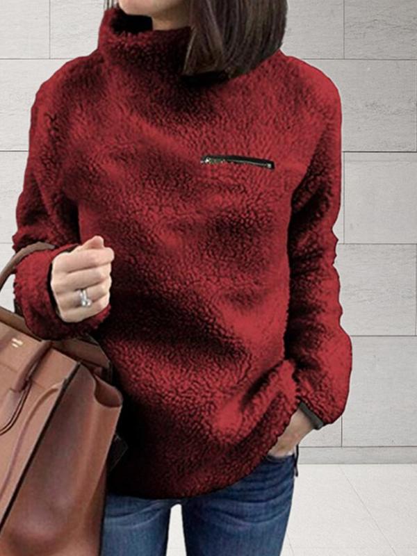 High Collar Zip Plain Tops Sweatshirts