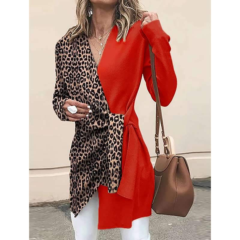 Leopard print V neck Gored Long sleeve Lacing Coats