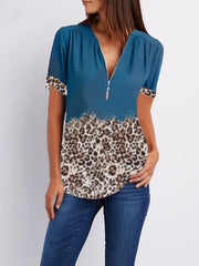 Summer leopard printed hit color V-neck zipper short-sleeved shirt T-shirt