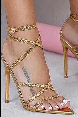 Gold heel braided sandals