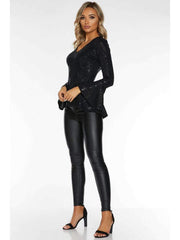Fashion V neck Long sleeve Paillette T-Shirts