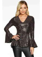 Fashion V neck Long sleeve Paillette T-Shirts