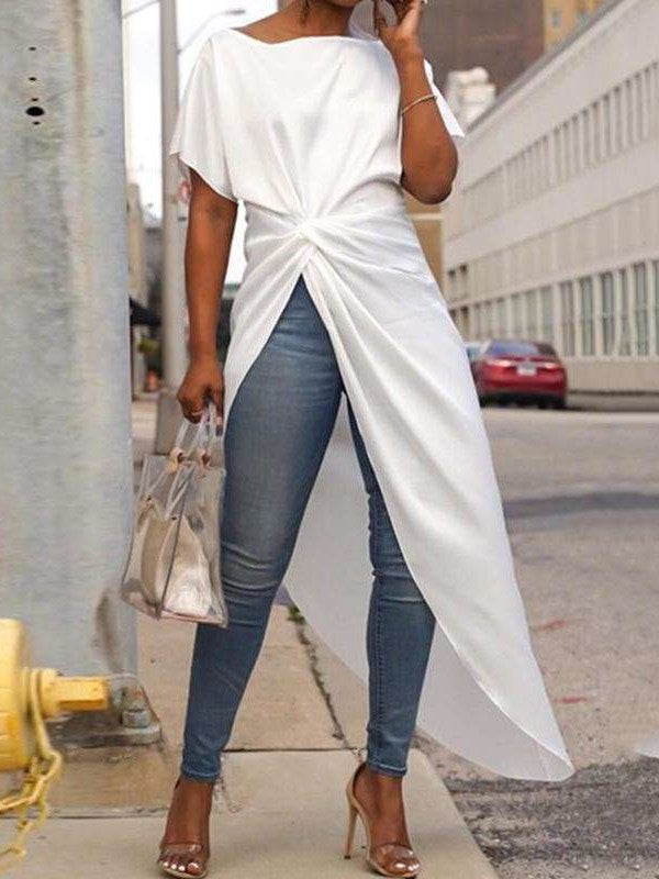 Fashion Round neck Short sleeve Knot Irregular Long T-Shirts