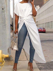 Fashion Round neck Short sleeve Knot Irregular Long T-Shirts