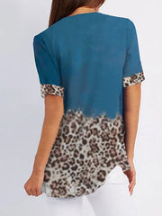 Summer leopard printed hit color V-neck zipper short-sleeved shirt T-shirt