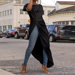 Fashion Round neck Short sleeve Knot Irregular Long T-Shirts
