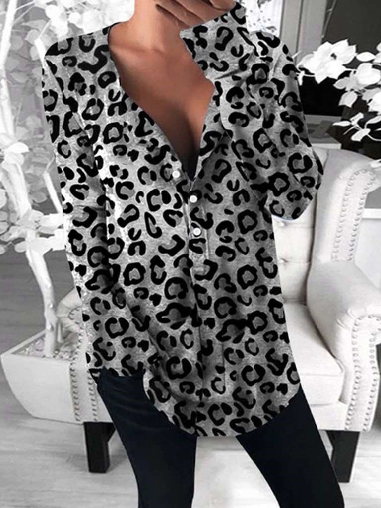 Fashion V neck Leopard print Long Blouses
