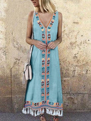 V Neck Colorful Bohemia Sleeveless Casual Long Maxi Dresses