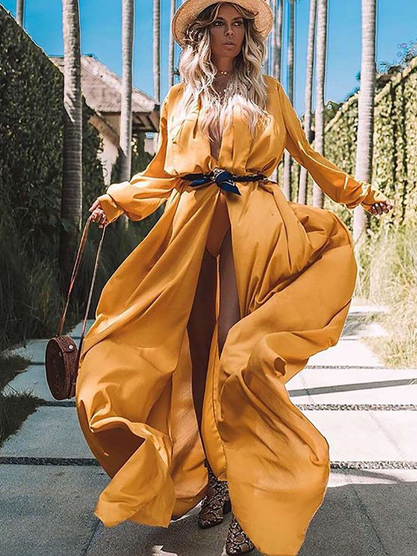 Loose Casual Pure Long sleeve Lacing Vacation Dresses