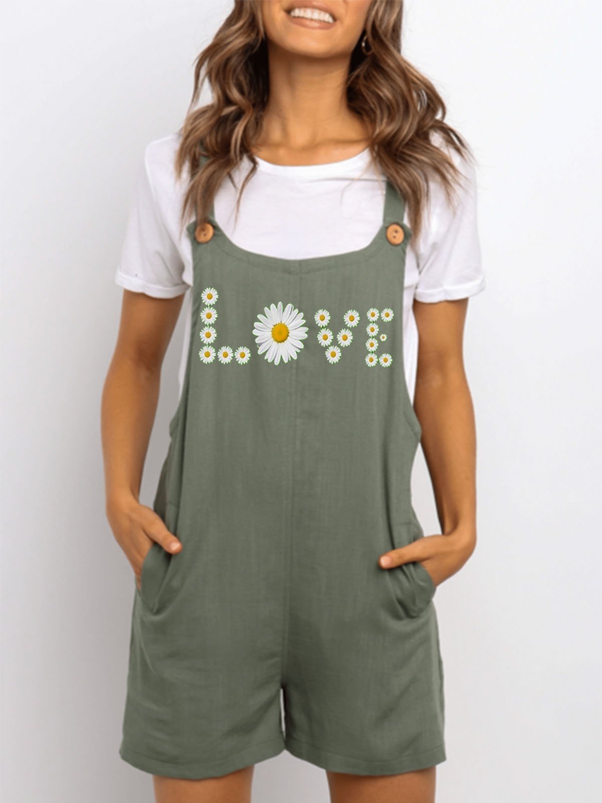 Green Cotton-Blend Casual Floral-Print One-Pieces