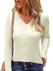 V neck lace design long sleeve T-shirts tops for women