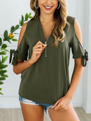 Summer chic casual zip-up women off shoulder blouse