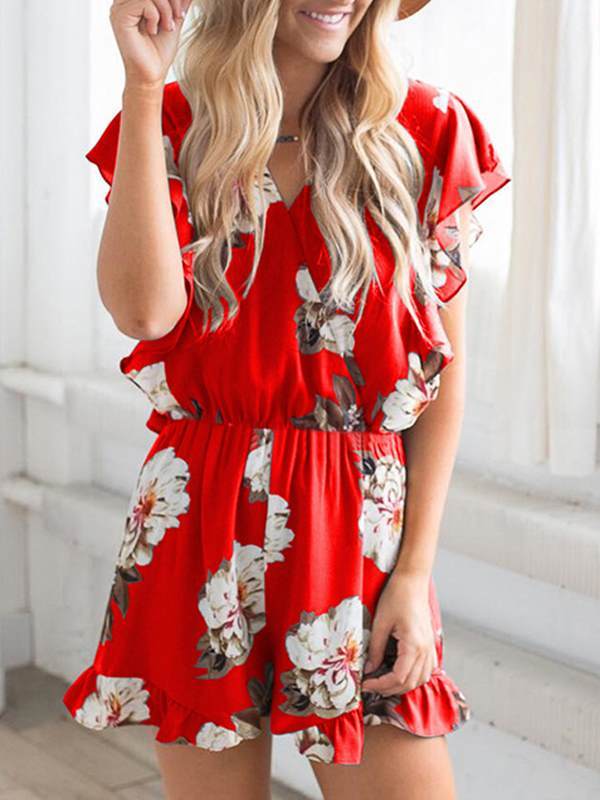 Fashionable printed v-neck ruffled jumpsuits