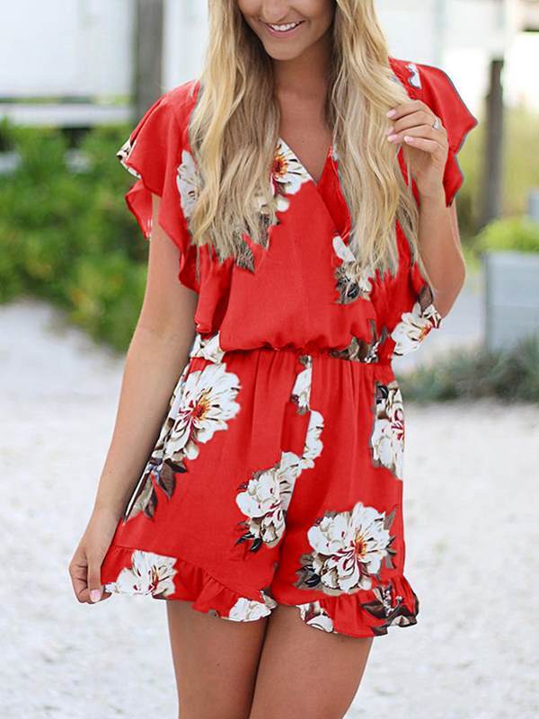 Fashionable printed v-neck ruffled jumpsuits