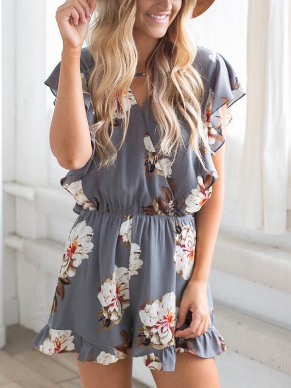 Fashionable printed v-neck ruffled jumpsuits