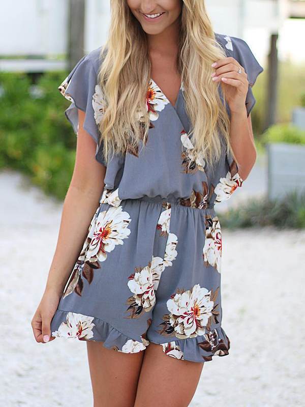 Fashionable printed v-neck ruffled jumpsuits