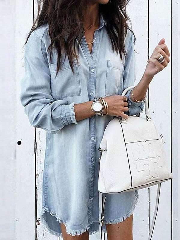 Turn Down Collar Asymmetric Hem Single Breasted Plain Long Sleeve Casual Dresses