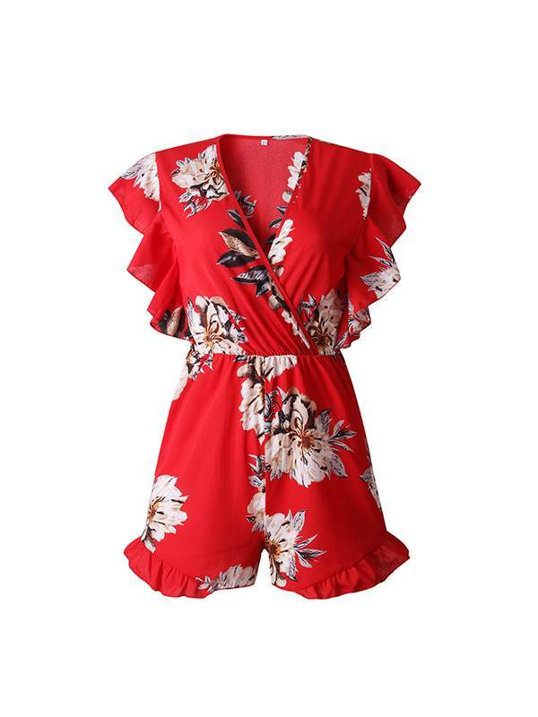 Fashionable printed v-neck ruffled jumpsuits