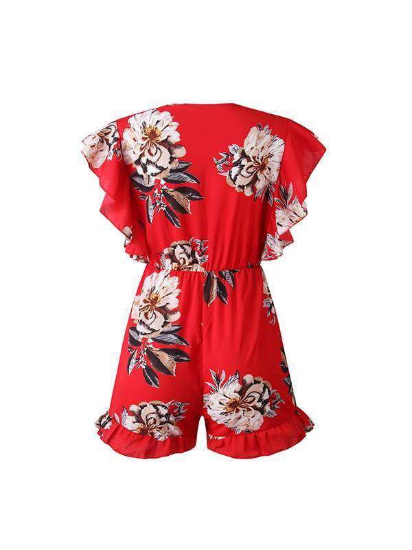 Fashionable printed v-neck ruffled jumpsuits