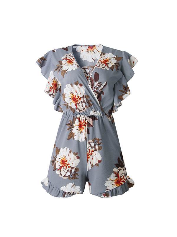 Fashionable printed v-neck ruffled jumpsuits