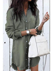Turn Down Collar Asymmetric Hem Single Breasted Plain Long Sleeve Casual Dresses