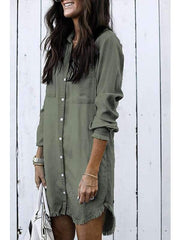 Turn Down Collar Asymmetric Hem Single Breasted Plain Long Sleeve Casual Dresses