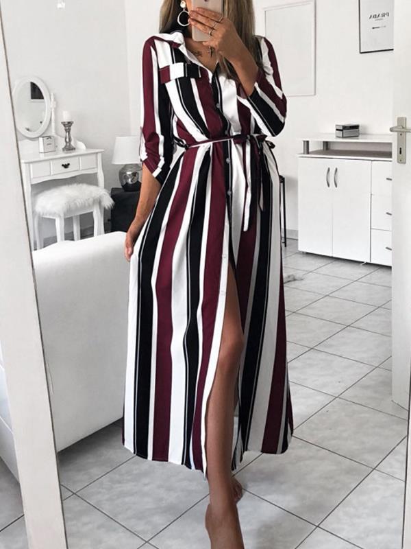 Stripe printed shirt style turn down collar maxi dresses
