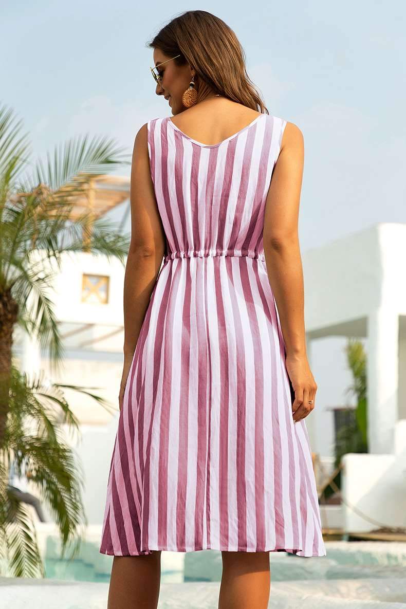 Fashion Stripe V neck Sleeveless Pocket Lacing Skater Dresses