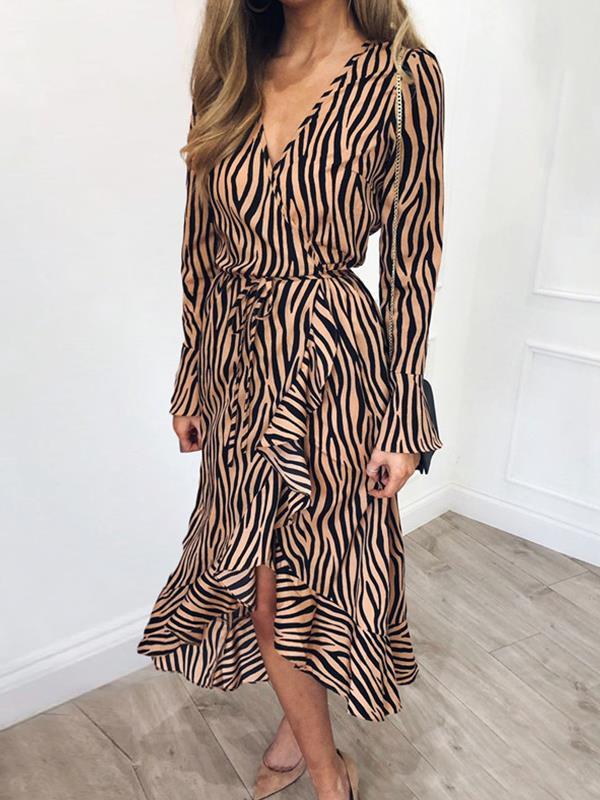 Stripe printed v neck tie waist maxi dresses