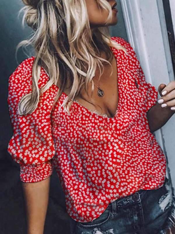 Fashion Women Deep V Neck  Printed  Summer Blouses