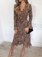 Stripe printed v neck tie waist maxi dresses
