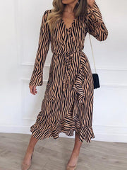 Stripe printed v neck tie waist maxi dresses