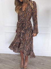 Stripe printed v neck tie waist maxi dresses