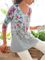 V neck floral printed long sleeve T-shirts