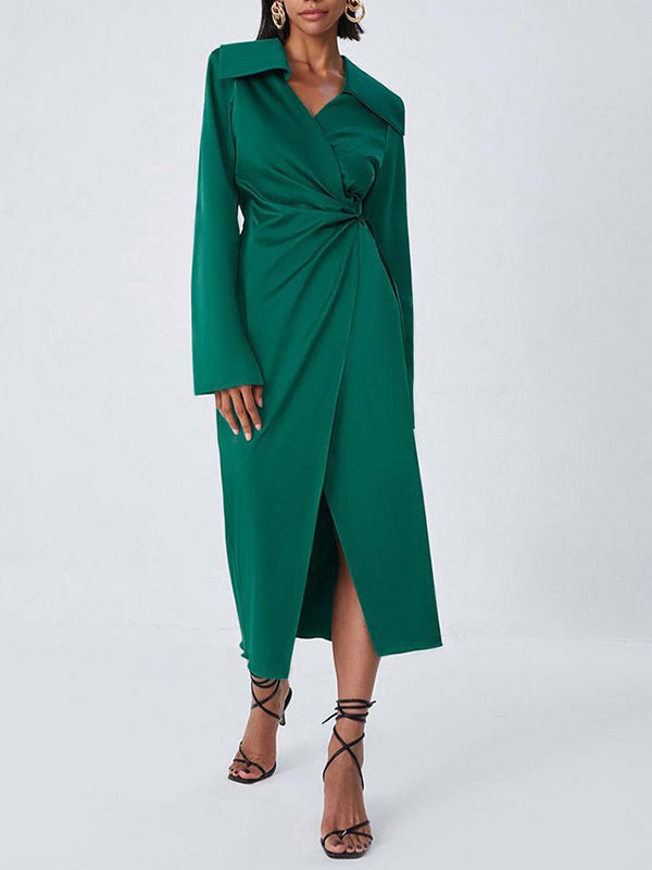 Suit collar long skirt thin green maxi dresses