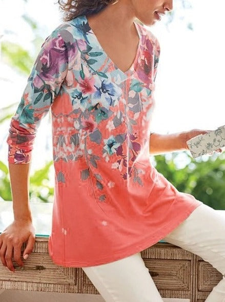 V neck floral printed long sleeve T-shirts