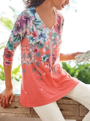V neck floral printed long sleeve T-shirts