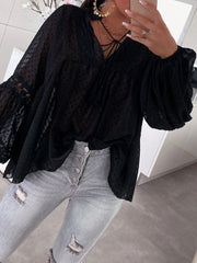 Blouses Lace Panel Balloon Sleeve Chiffon Blouse for Women