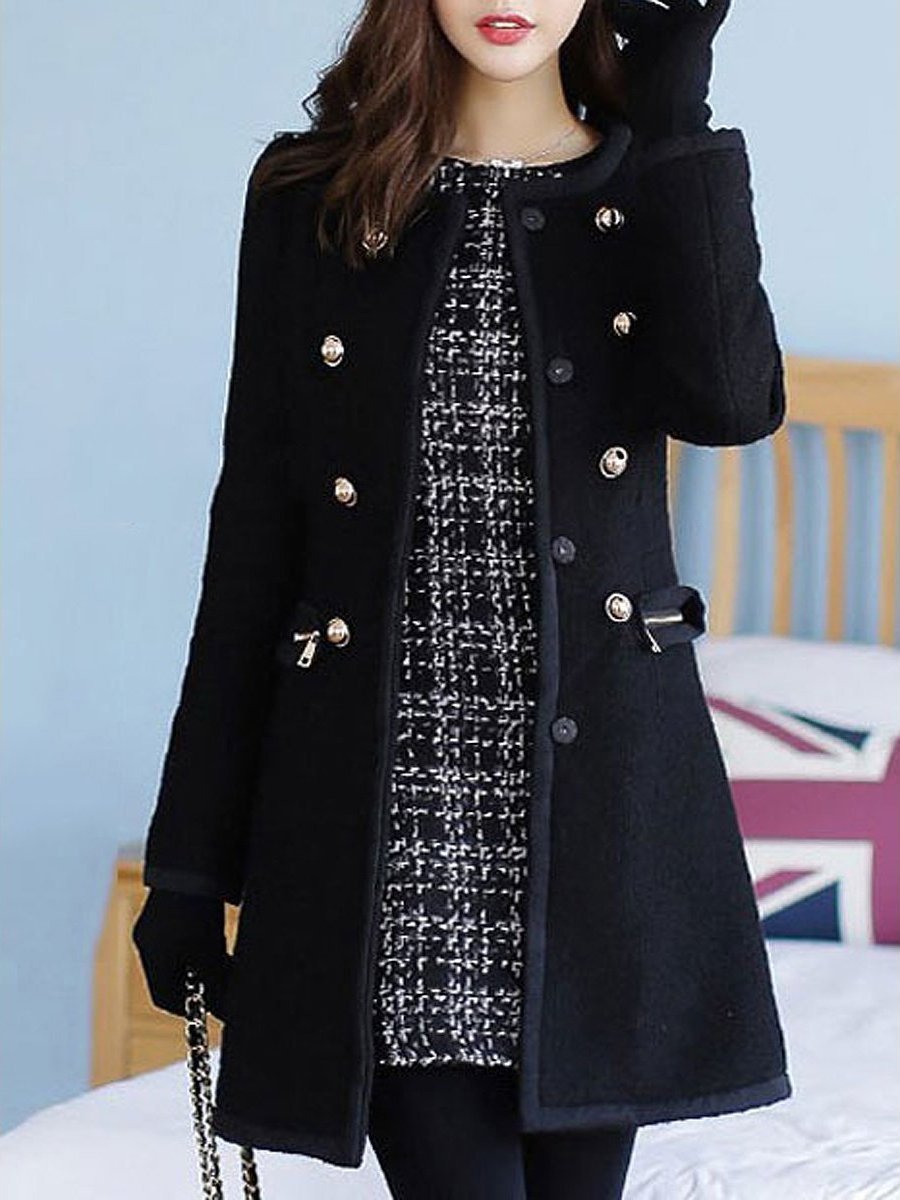 Faux Fur Collar Decorative Button Plain Woolen Coat