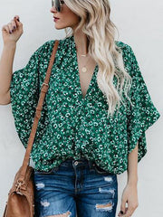 Stylish Green Printed Women Chiffon V neck Bat Sleeve Blouses