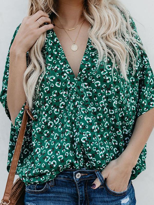 Stylish Green Printed Women Chiffon V neck Bat Sleeve Blouses
