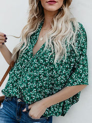 Stylish Green Printed Women Chiffon V neck Bat Sleeve Blouses