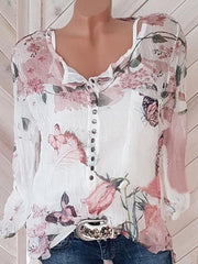 V neck button chiffon long sleeve t-shirts
