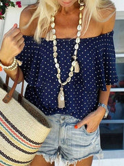Stylish polka dot printed off shoulder short sleeve T-shirts