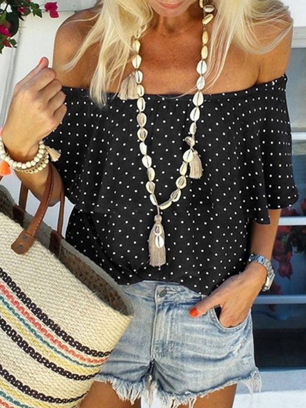 Stylish polka dot printed off shoulder short sleeve T-shirts