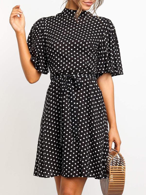 High collar Women Fashion Wave Dot Skater Tie Dresses
